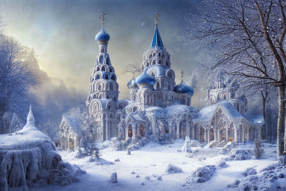 Snow-covered church with blue domes in winter scene