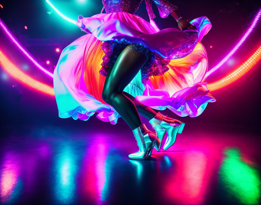 Colorful fabric swirls in vibrant dance scene with sparkling silver shoes.