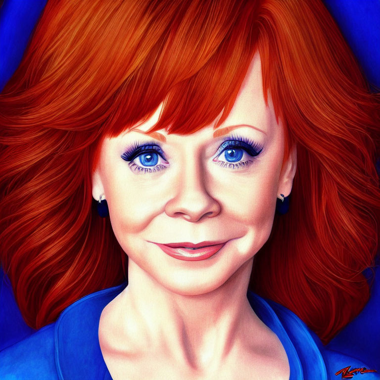 Vivid red hair woman portrait on deep blue background