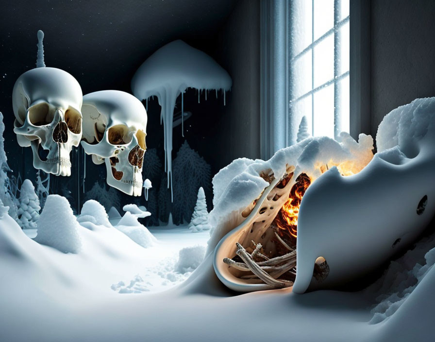 Surreal winter scene: skulls, icy stalactites, fiery log in snow