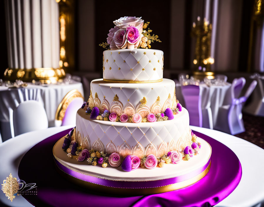 Luxurious Multi-Tiered Wedding Cake with Gold and Purple Decorations