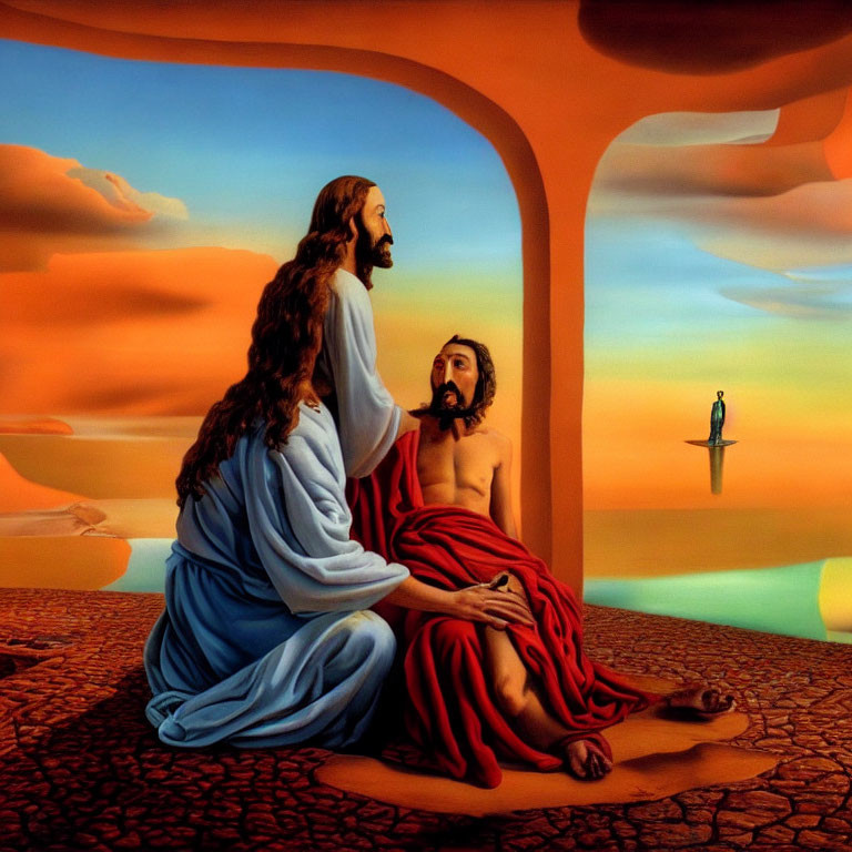 Surreal painting of three religious figures in robes by the water
