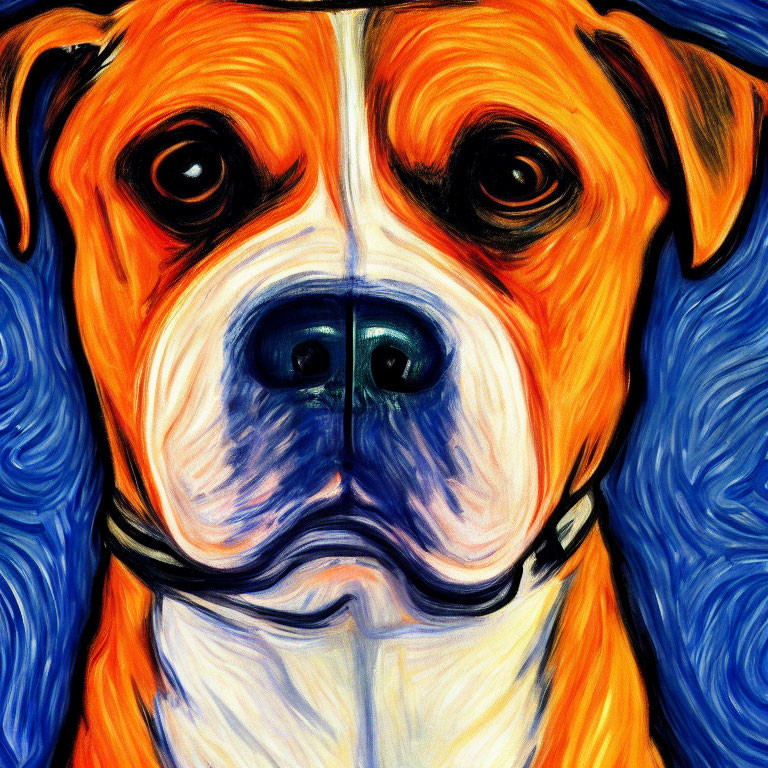 Vibrant expressionistic painting of a dog in orange and blue palette