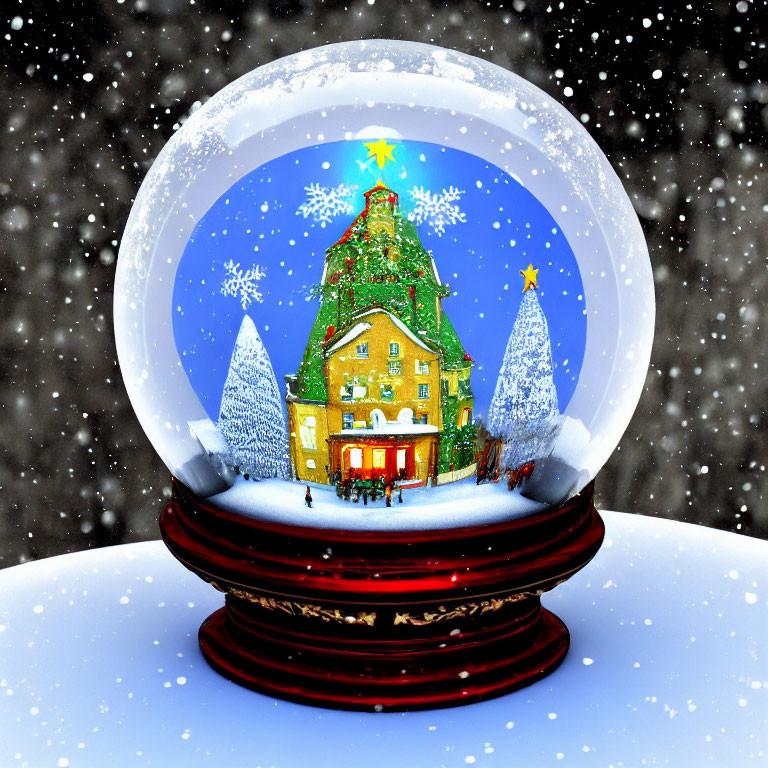 Snow Globe with Christmas Tree-Topped House and Snowy Landscape