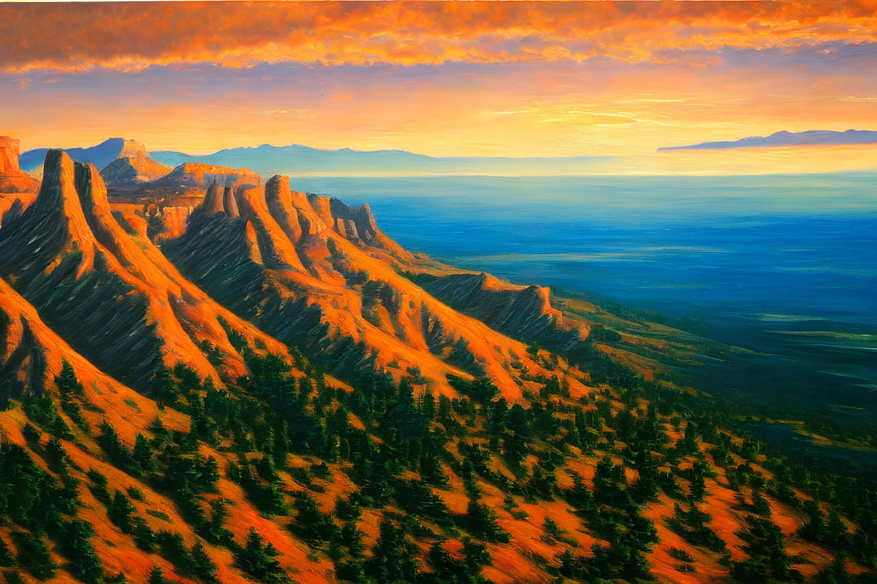 Colorful Mountain Range Painting with Orange and Yellow Sky