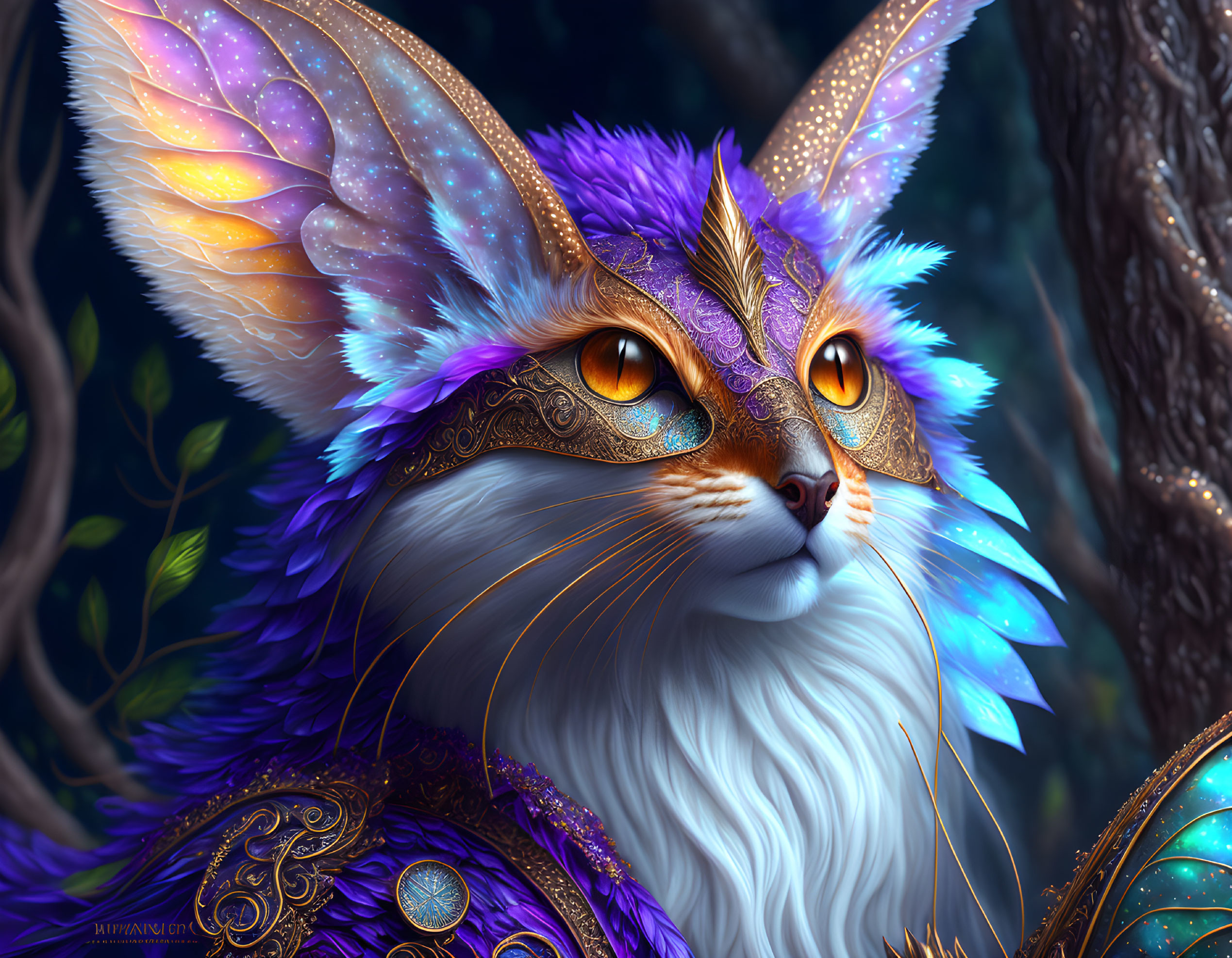 Anthropomorphic feline creature with blue and purple feathers and glowing orange eyes