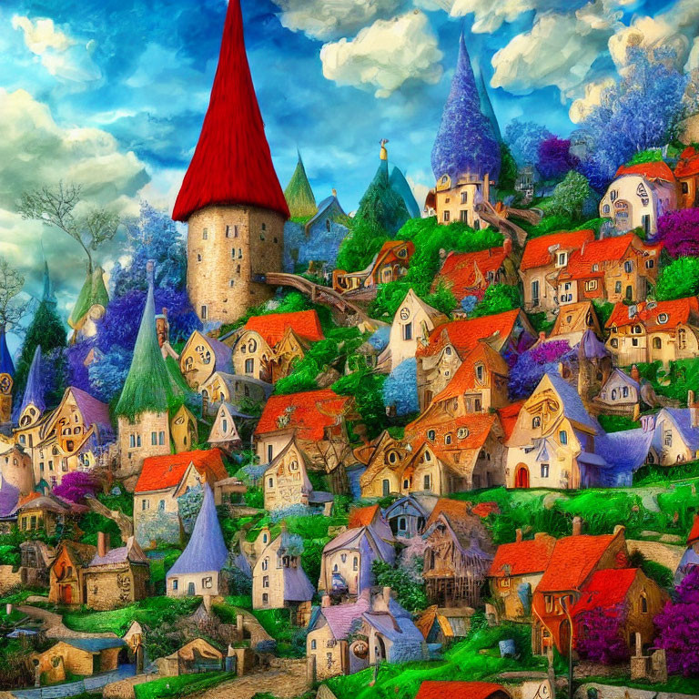 Colorful Fairy-Tale Village with Steep Roofs and Red Castle