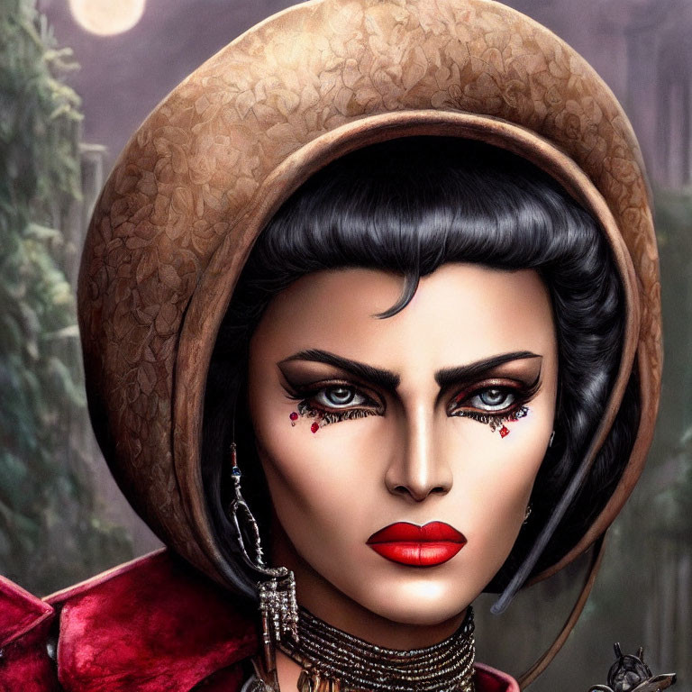 Illustration of woman with dramatic makeup and red lipstick in wide-brimmed hat and stylish attire.