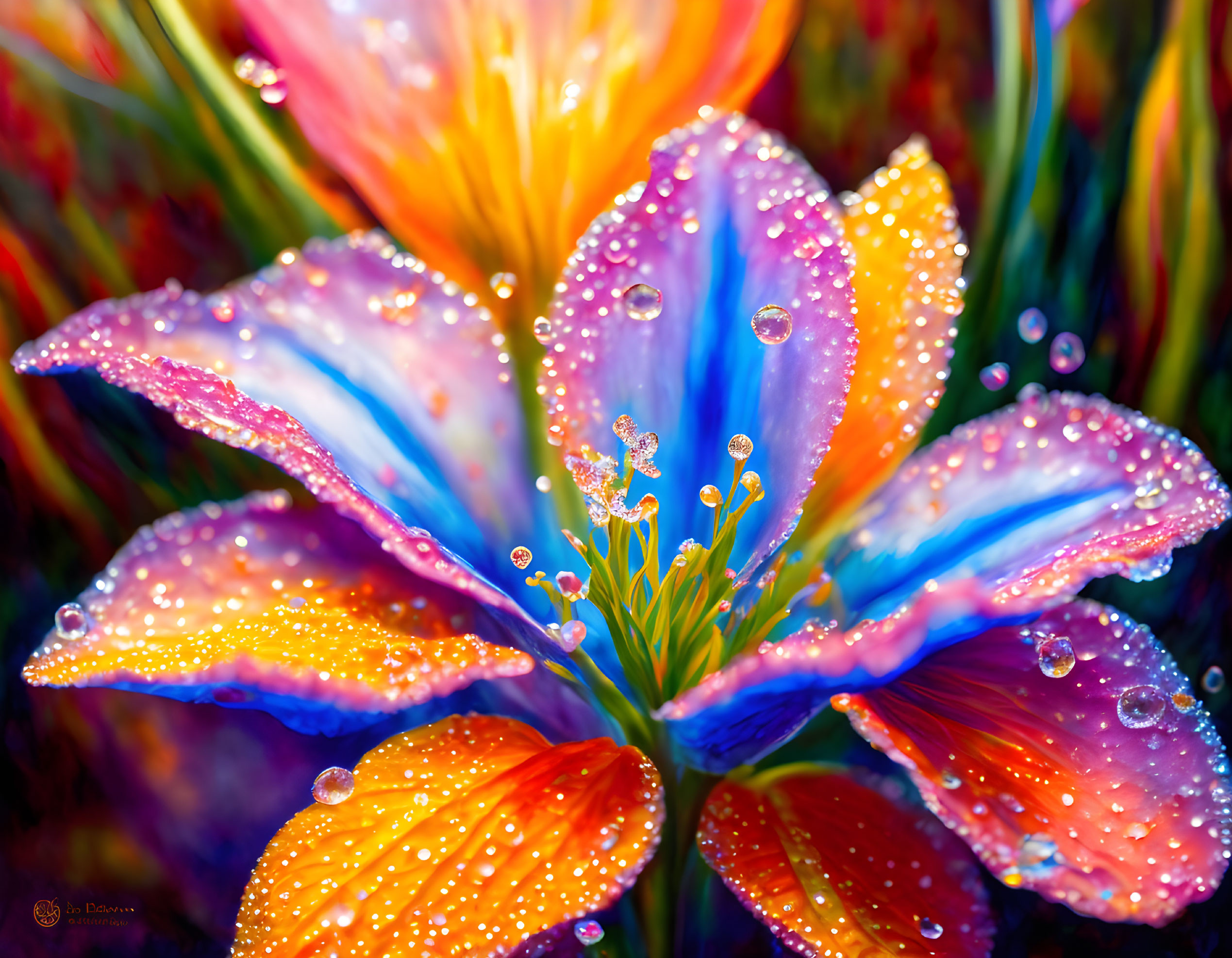Colorful Flower with Sparkling Water Droplets on Petals