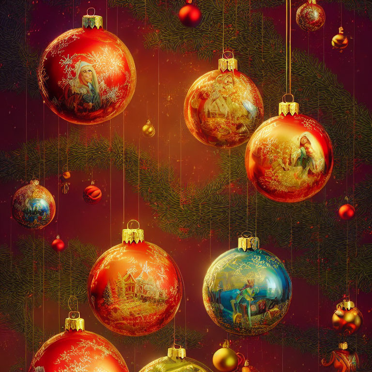 Various Intricate Christmas Ornaments on Red Background