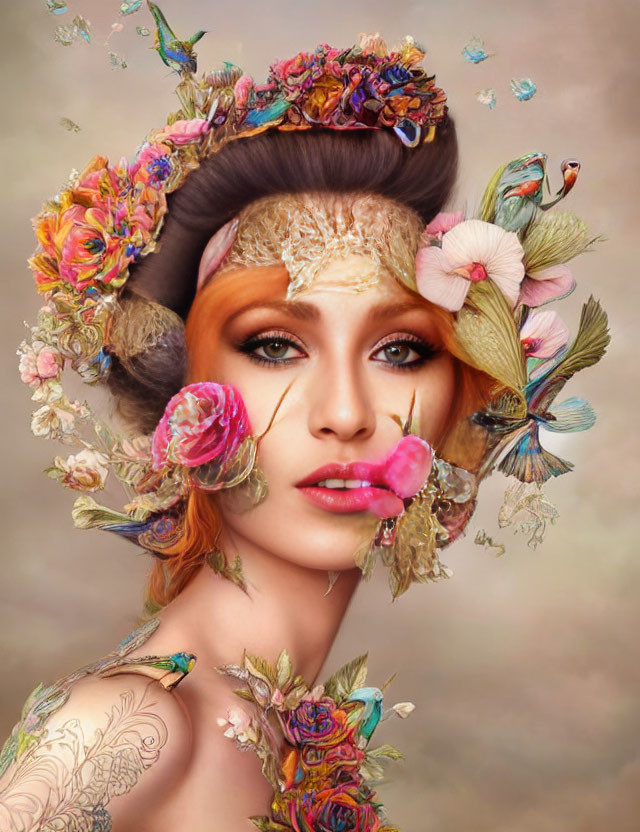 Vibrant surreal portrait of woman with flowers, feathers, birds, tattoos, and golden eye-p
