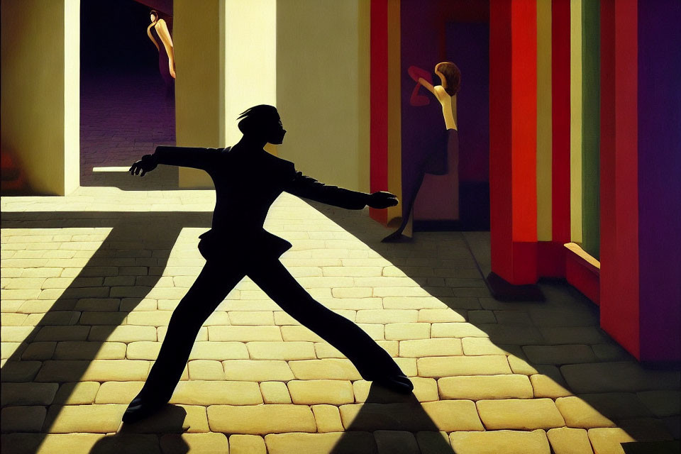 Stylized painting of silhouetted figure walking with stretched arms and colorful columns.