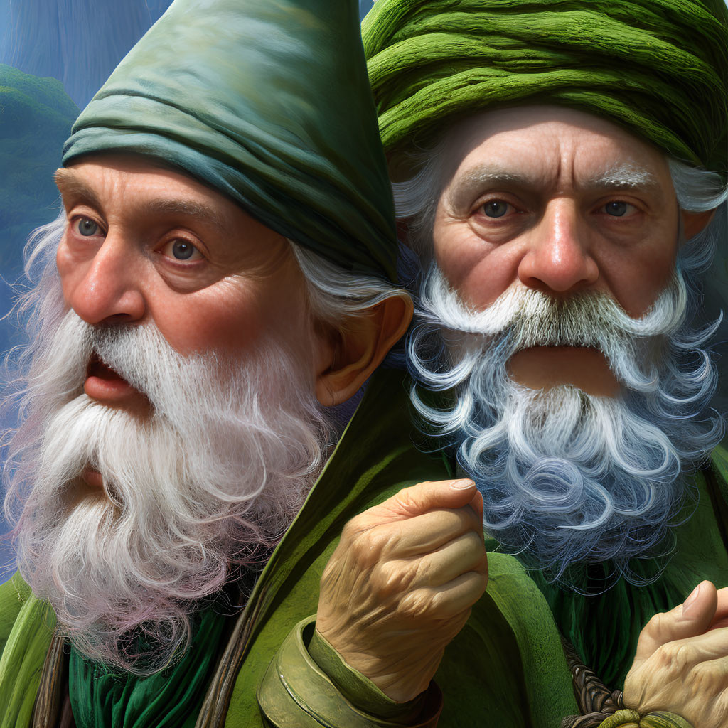 Elderly wizards with pointed hats and long beards in green and turquoise attire