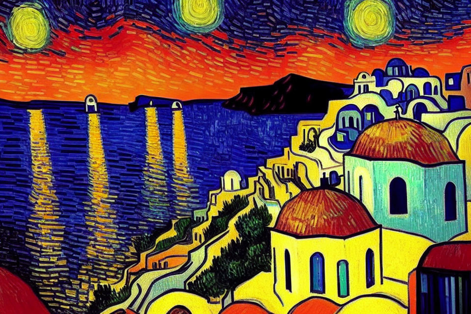 Colorful Mediterranean village in Van Gogh's "Starry Night" style