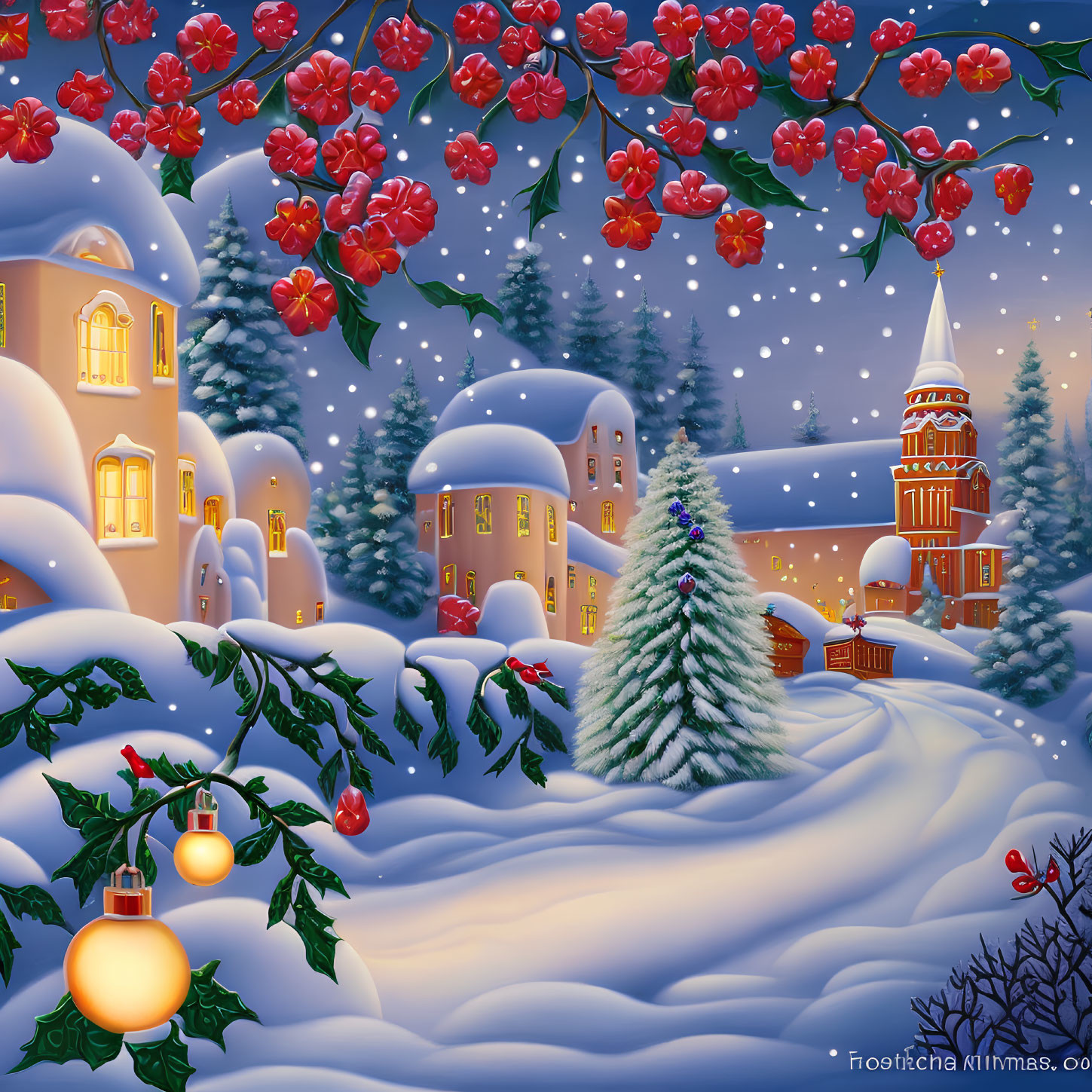 Snow-covered houses, Christmas tree, red berries, lanterns under starry sky