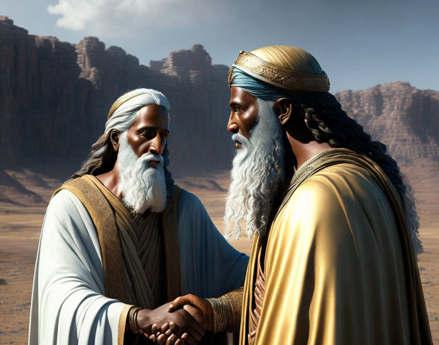 Two bearded male characters in ancient attire shaking hands in desert with rocky cliffs