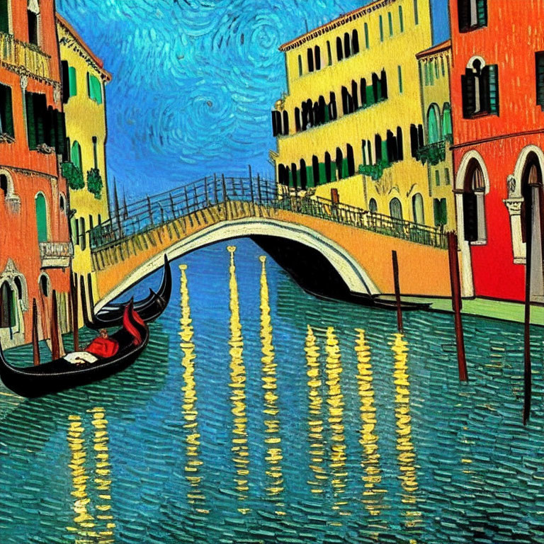Colorful Venetian Canal Painting with Gondola, Arched Bridge, and Starry Night