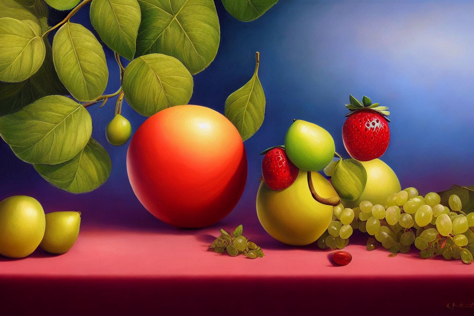 Colorful still life painting with fruits on blue-red backdrop