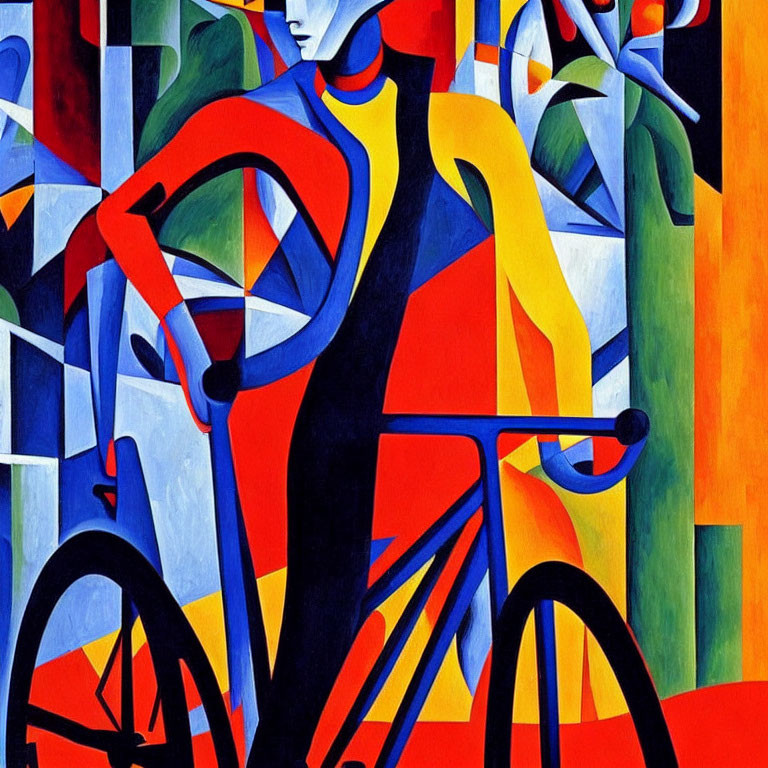 Colorful Cubist Painting of Figure with Bicycle in Geometric Shapes