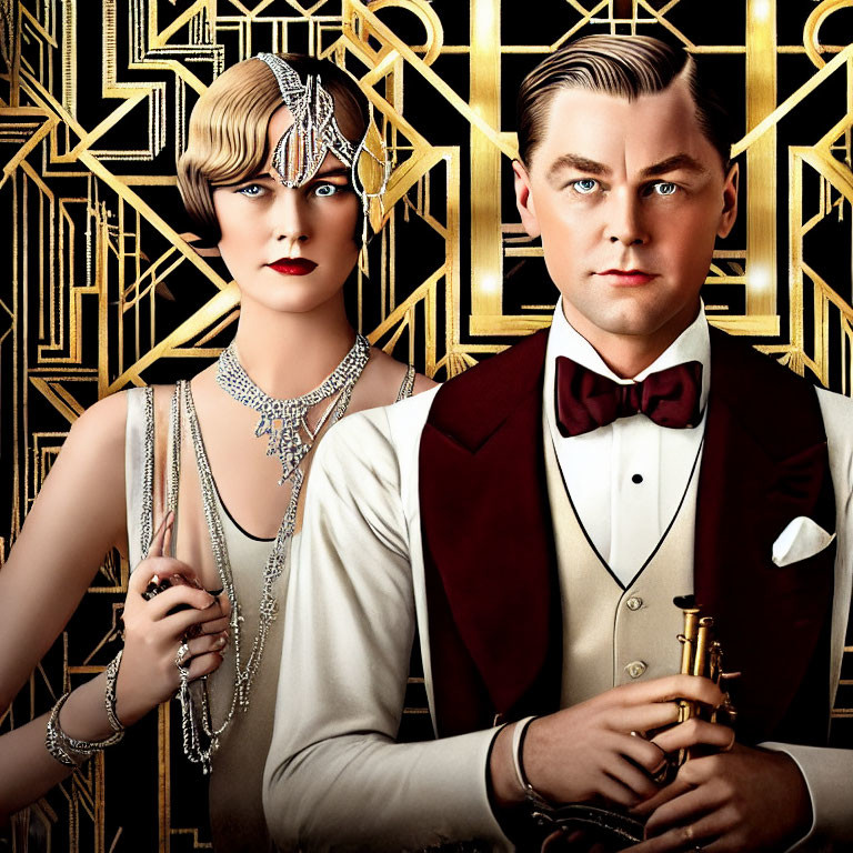 Man and woman in 1920s attire with Art Deco gold patterns background