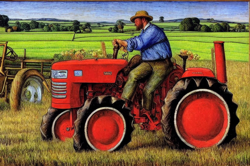 Farmer driving red tractor in green field with countryside backdrop