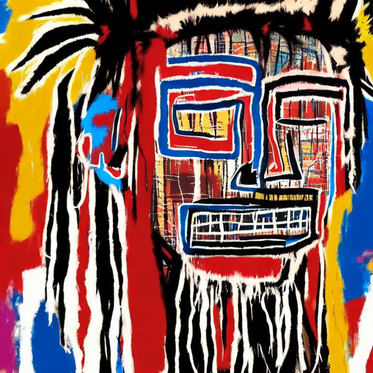 Colorful abstract painting: mask-like face with headdress on textured background
