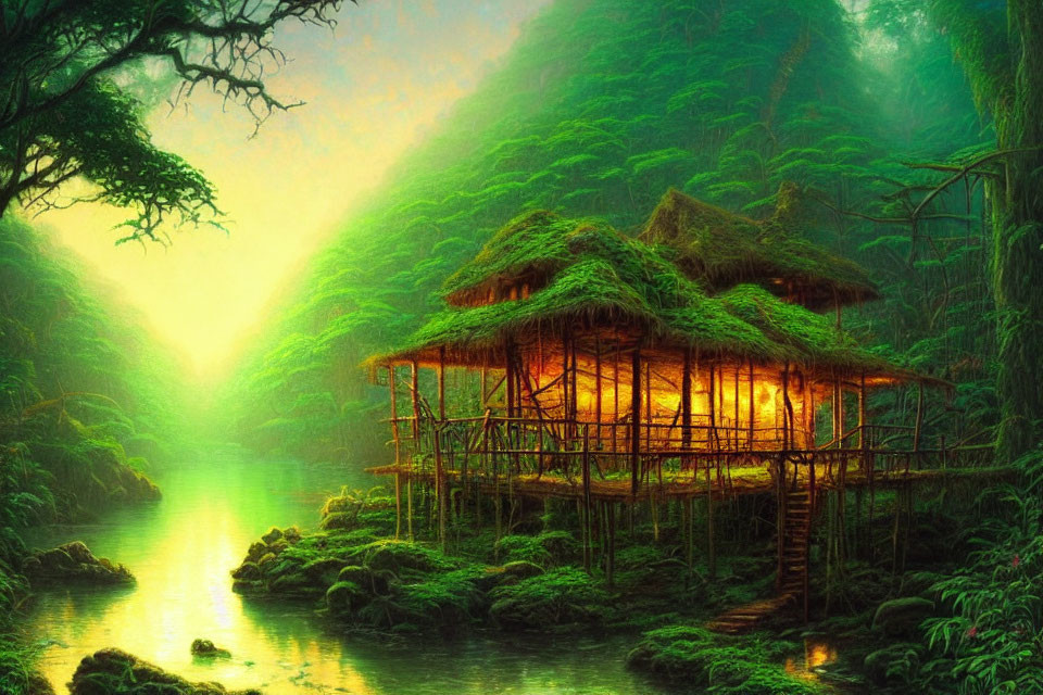 Tranquil riverside scene with lush green forest and traditional bamboo house lit from within