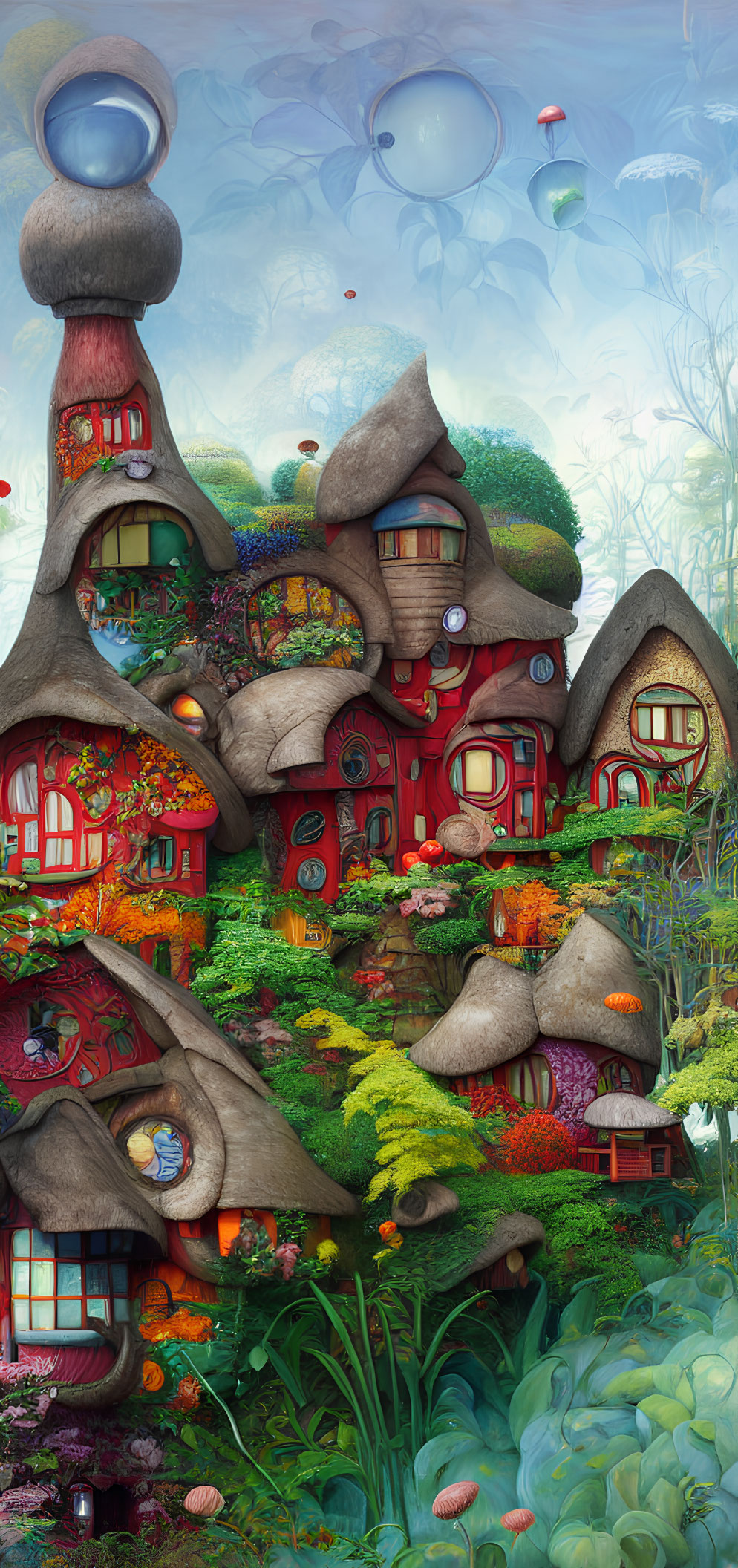 Colorful Vertical Artwork: Fantastical Mushroom Village in Dreamy Landscape