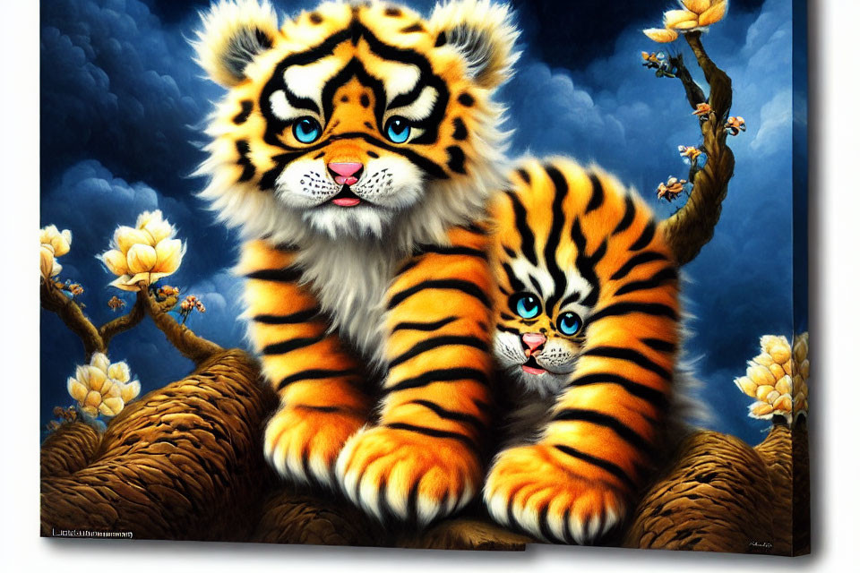 Vibrant cartoon tigers with playful expressions in a nature setting