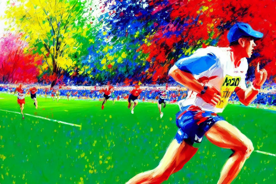 Colorful Marathon Painting with Dynamic Runners