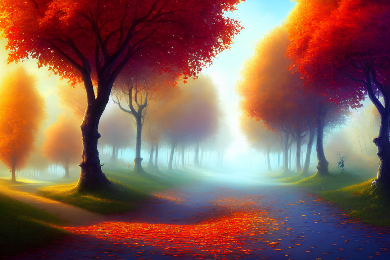 Tranquil Autumn Park with Red Leaves and Misty Atmosphere