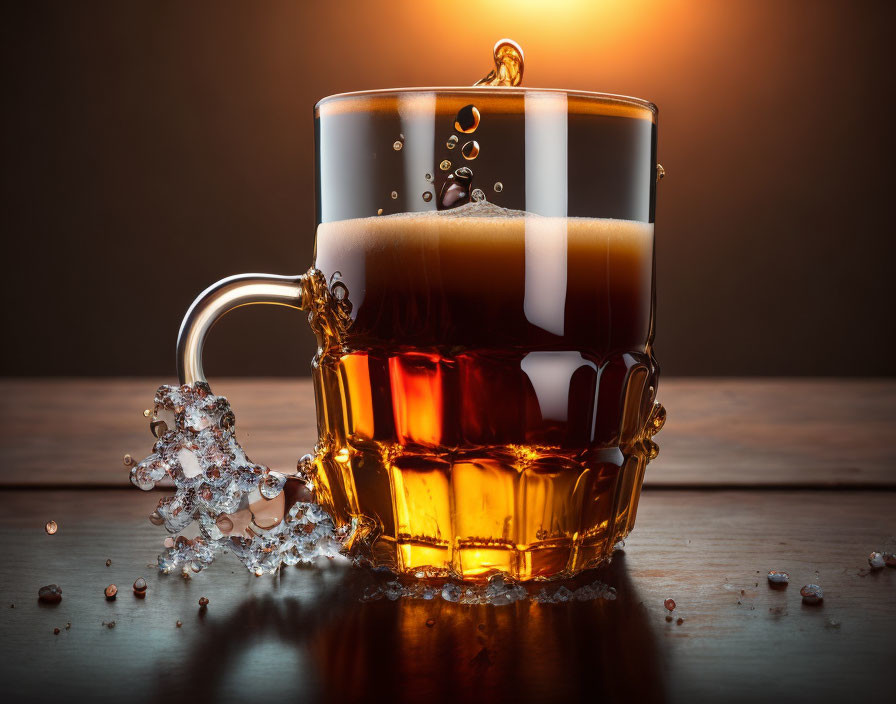Beer mug with splash in warm backlight showcasing bubbles and foam