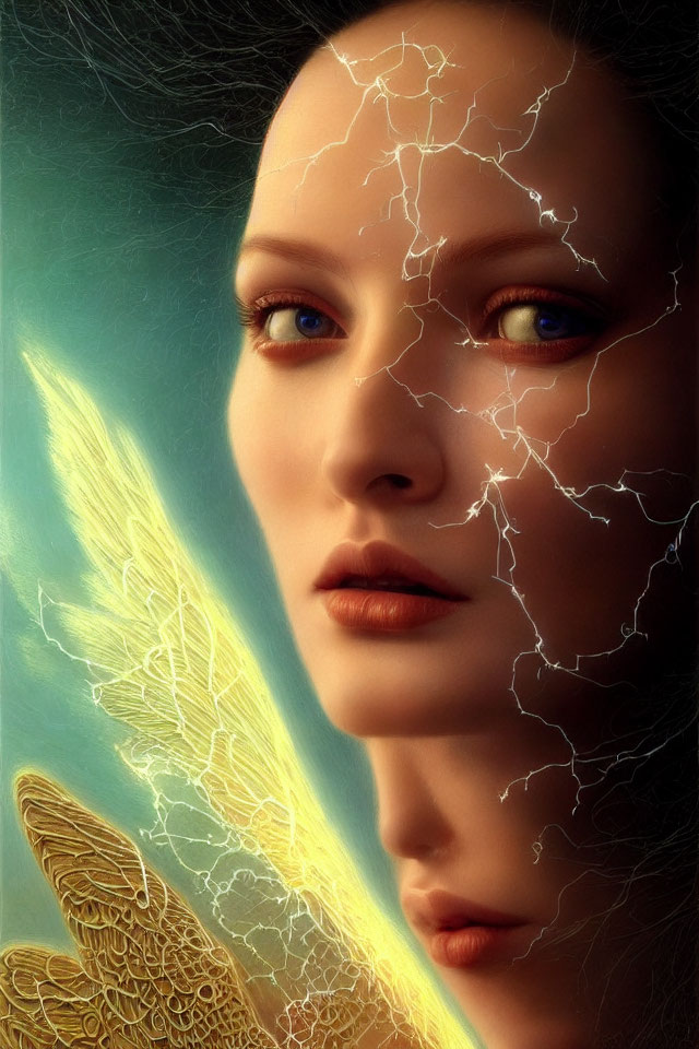 Digital artwork of woman with electrified cracks, glowing blue eyes, and golden wings