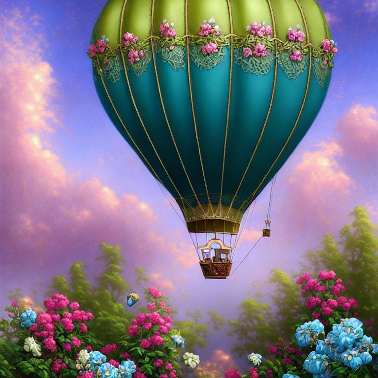 Colorful hot air balloon with flower decorations in magical sky above blooming landscape.