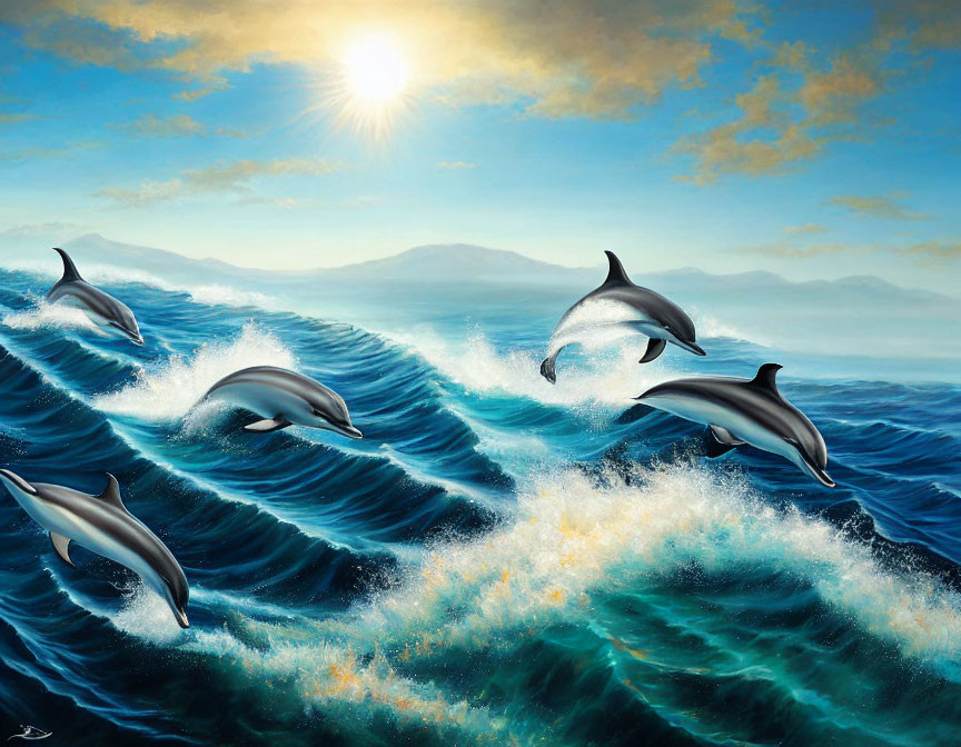 Dolphins Jumping Over Ocean Waves with Sunny Sky