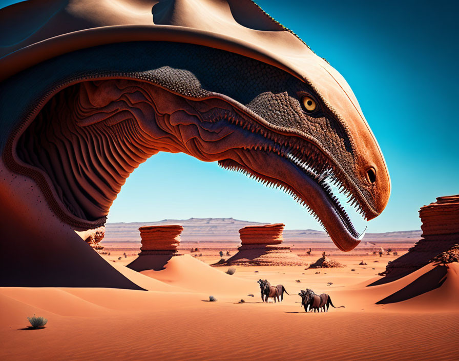 Stylized dinosaur head in desert landscape with zebras grazing