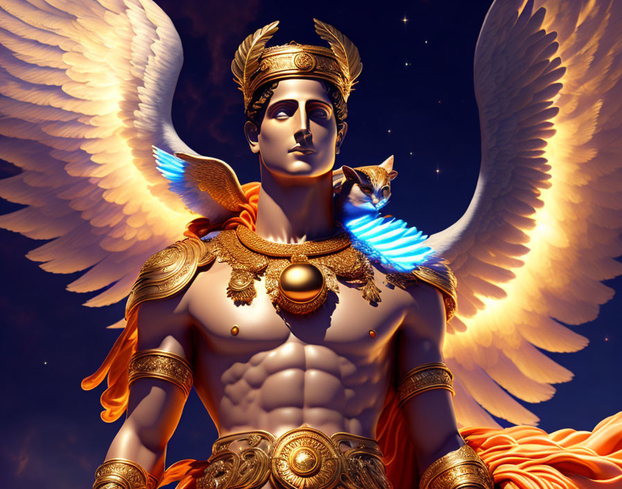 Winged golden-armored figure holding cat under starry sky