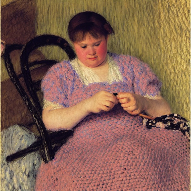 Young woman in pink and blue dress sewing artwork.