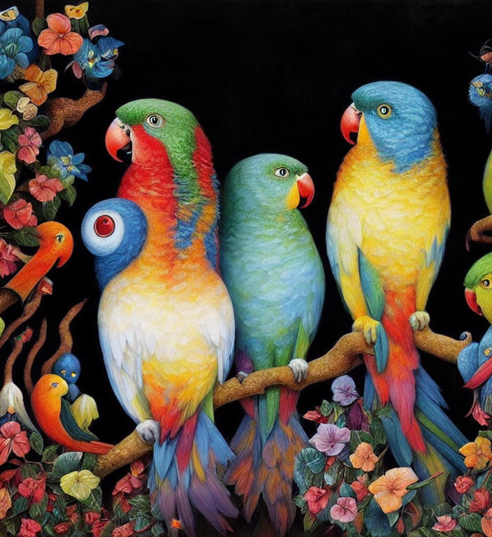 Various Species of Colorful Parrots on Branch with Flowers