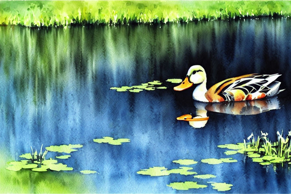 Tranquil pond scene: vibrant watercolor ducks and lily pads
