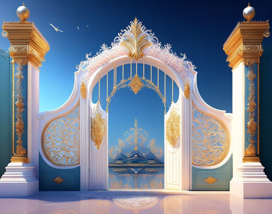 Intricate Golden Gates Leading to Majestic Palace