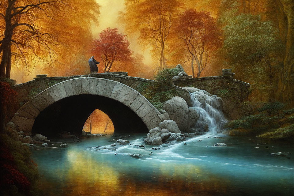 Stone bridge over river in autumn forest with person sitting on top