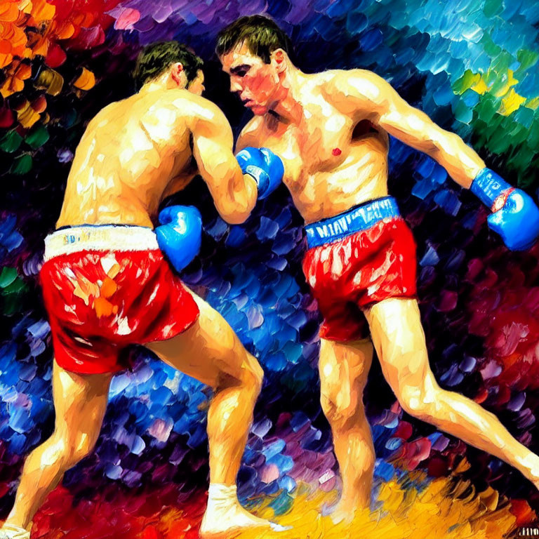 Vibrant painting of two boxers in match defending and punching