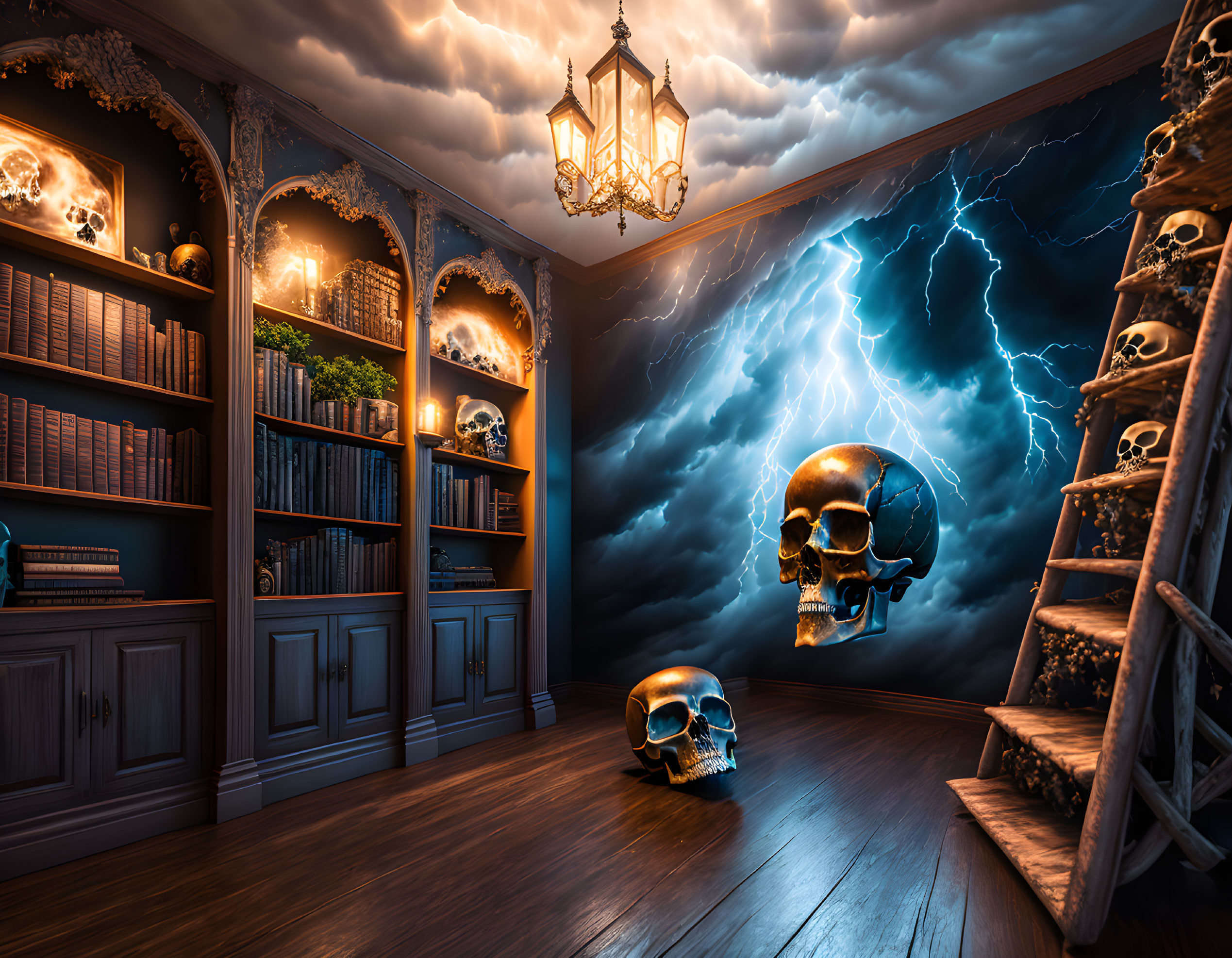 Library with glowing skulls, ladder, and stormy sky view
