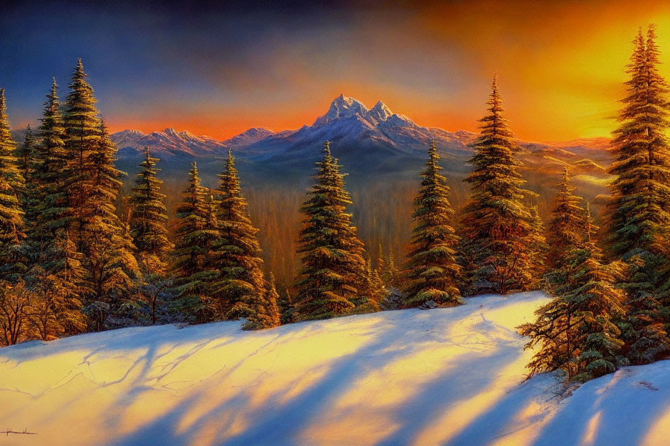 Snowy forest sunset with long shadows, mountain, vibrant orange sky