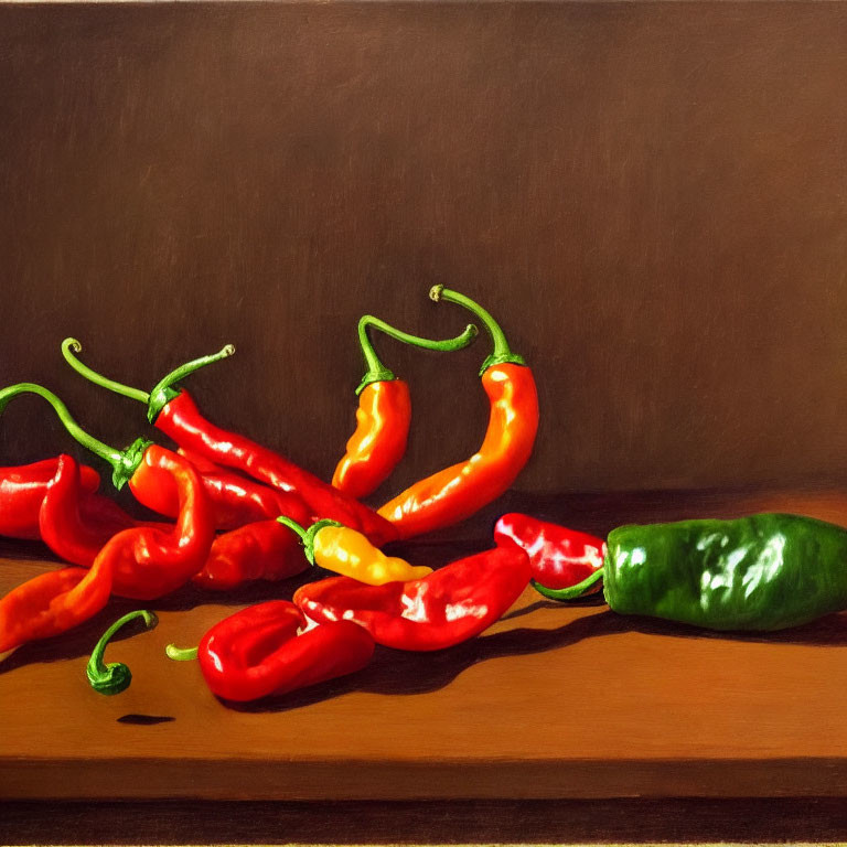 Colorful chili peppers on wooden surface against dark background