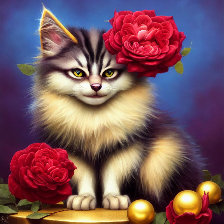 Digital painting of fluffy cat with red roses and golden orbs