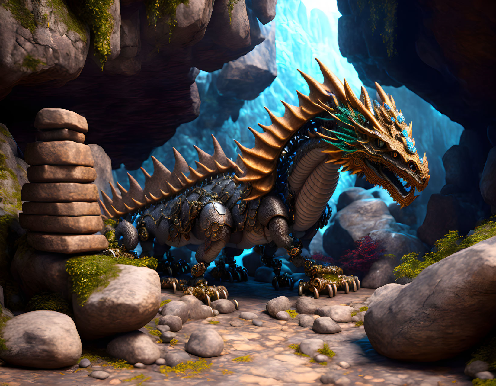 Armored dragon with gleaming scales in rocky cavern