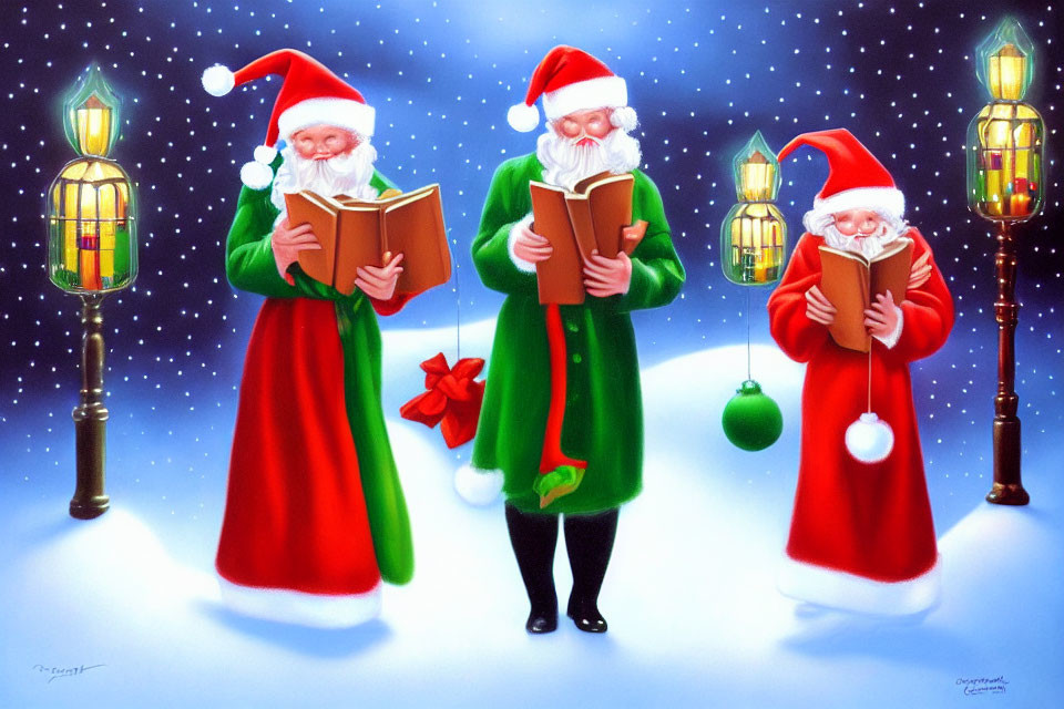 Three Festive Santa Claus Figures with Lanterns and Gifts in Snowy Scene