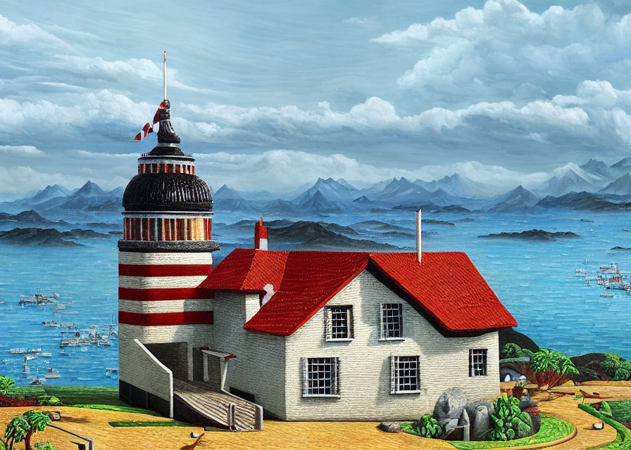 Miniature red and white lighthouse beside small red roofed house with mountain backdrop